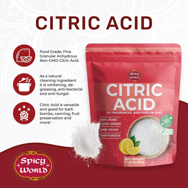Spicy World حمض الستريك النقي 5 أرطال كيس جملة - 100% طبيعي، درجة غذائية، غير معدل وراثياً - مسحوق حمض الستريك للتنظيف، قنابل الاستحمام، الحفظ | حبيبات ناعمة | جودة ممتازة بواسطة Spicy World - Image 4